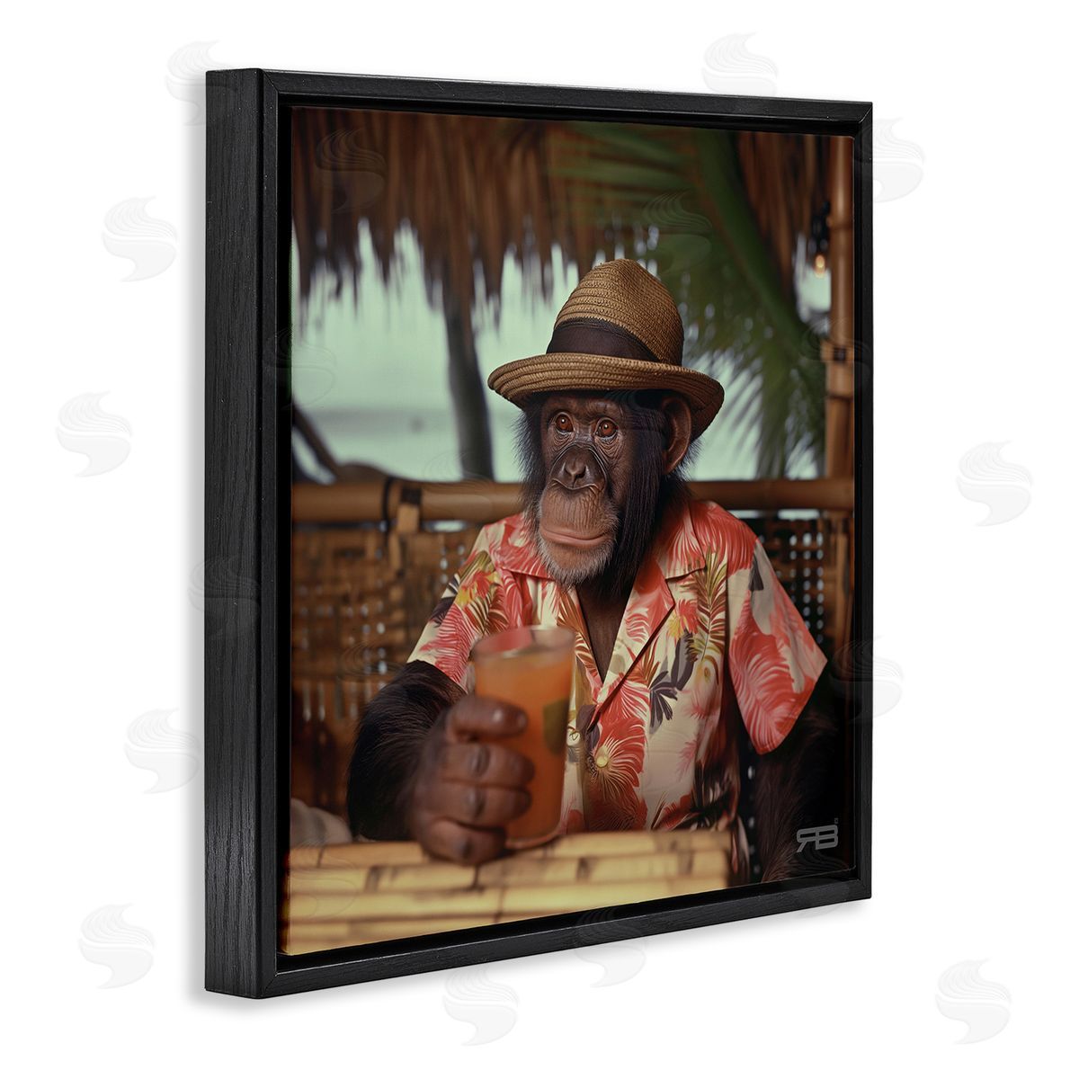 Tropical Vacation Monkey Black Floating Frame Canvas Wall Art, Home Decor by Roozbeh Bahramali
