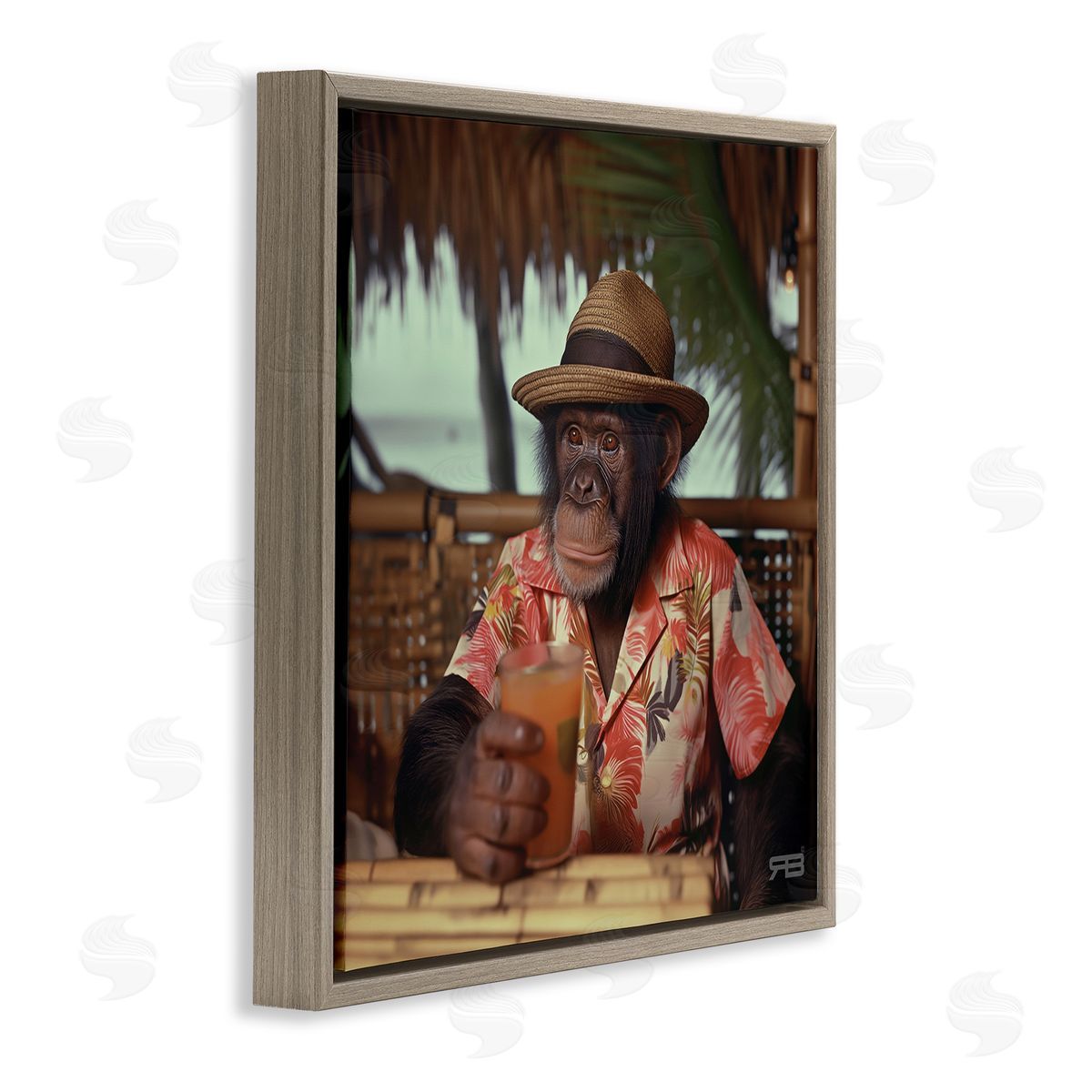 Tropical Vacation Monkey Brown Floating Frame Canvas Wall Art, Home Decor by Roozbeh Bahramali
