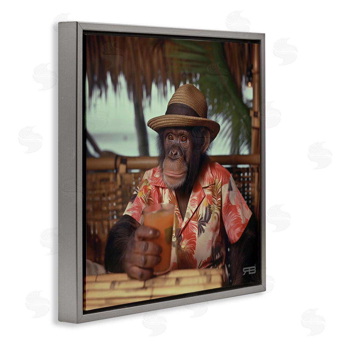 Tropical Vacation Monkey Grey Floating Frame Canvas Wall Art, Home Decor by Roozbeh Bahramali