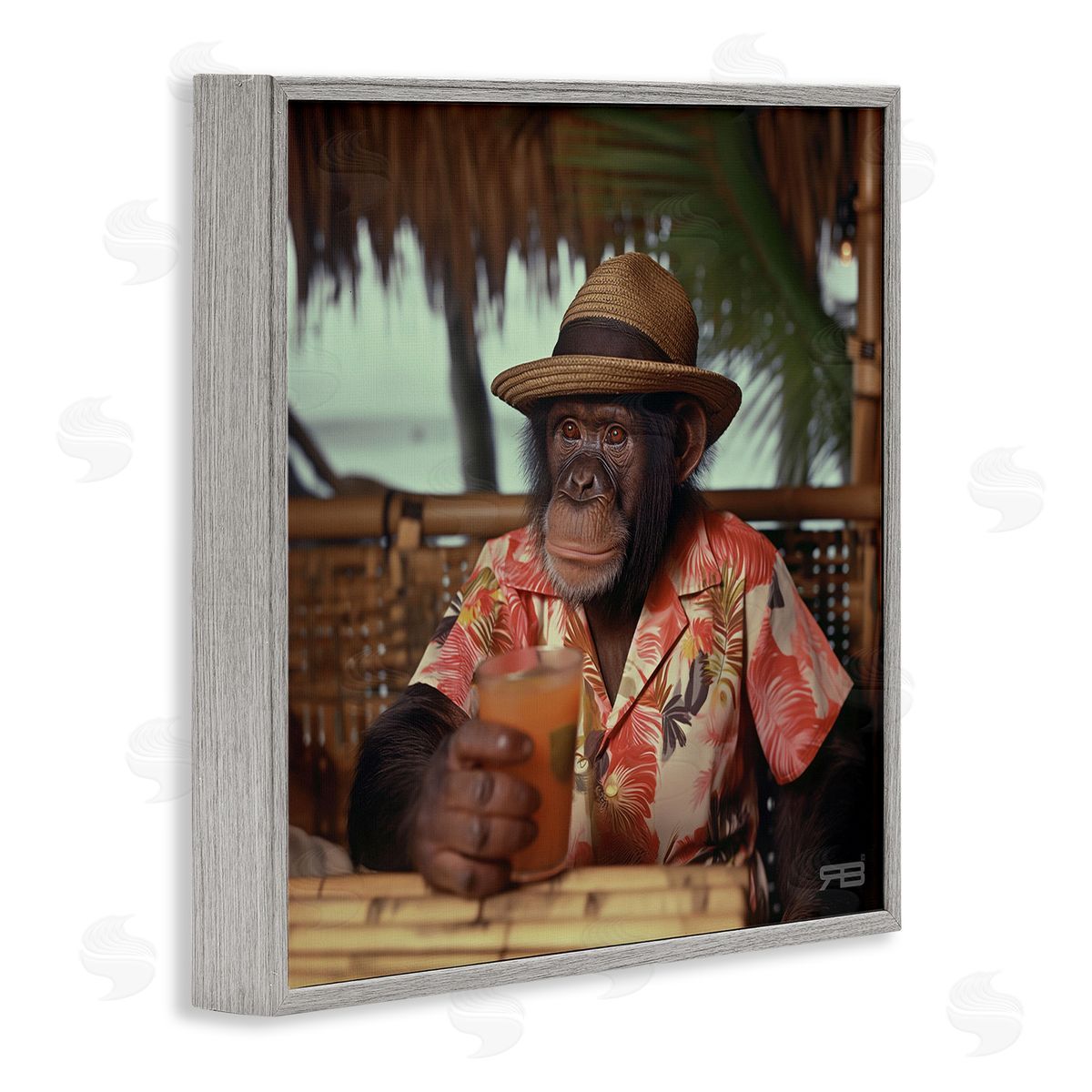 Tropical Vacation Monkey Grey Frame Print Wall Art, Home Decor by Roozbeh Bahramali