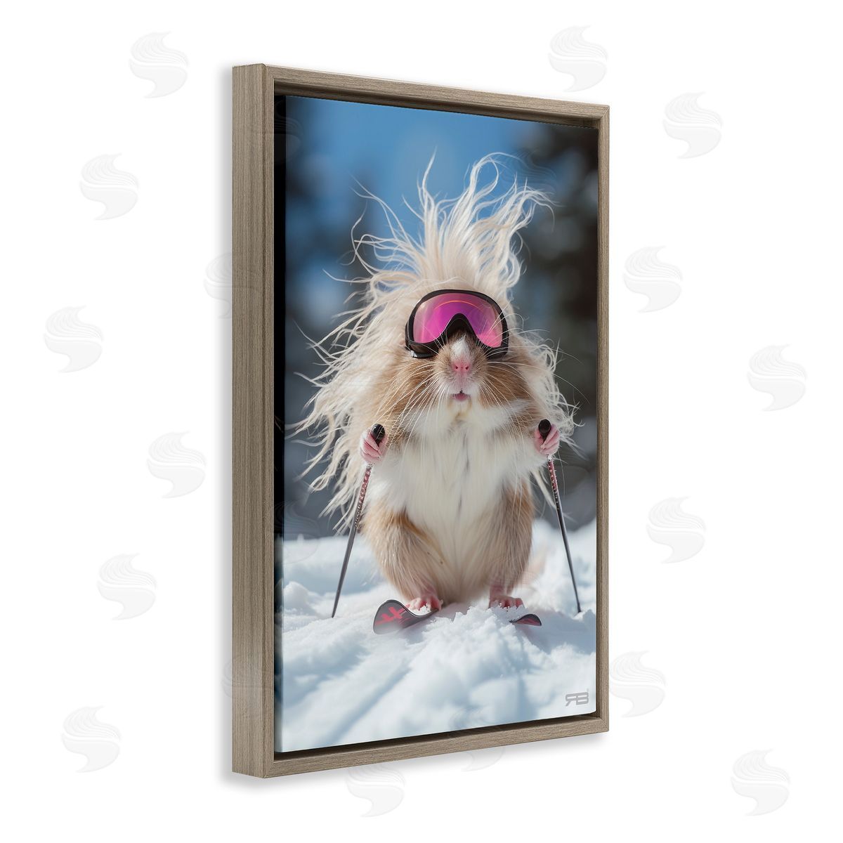 Skiing Guinea Pig Brown Floating Frame Canvas Wall Art, Home Decor by Roozbeh Bahramali