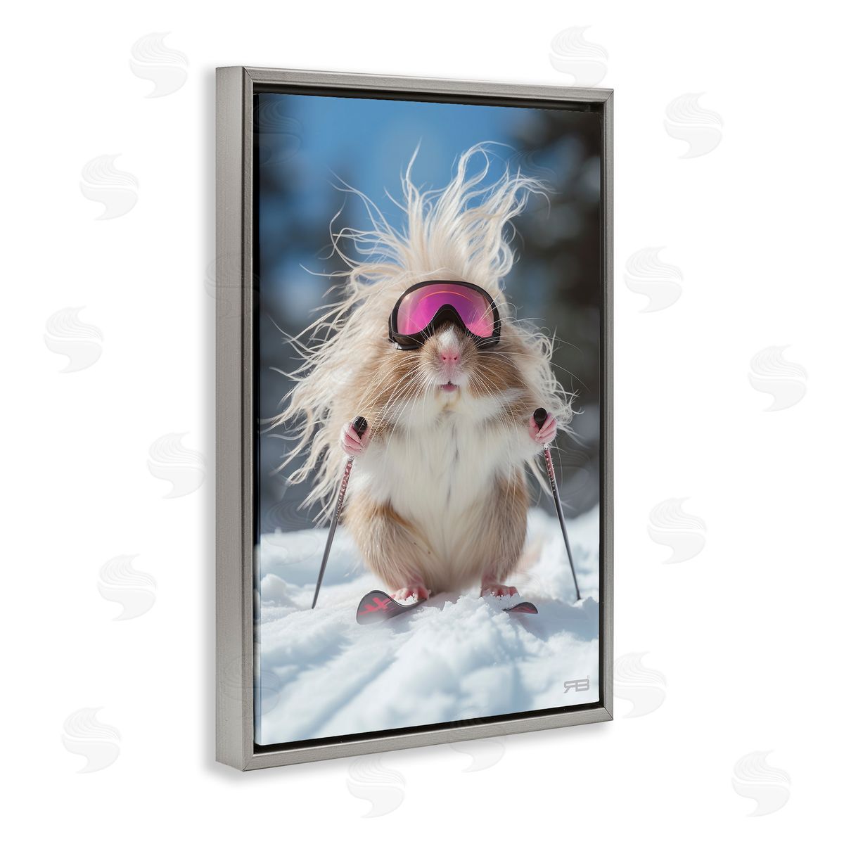 Skiing Guinea Pig Grey Floating Frame Canvas Wall Art, Home Decor by Roozbeh Bahramali