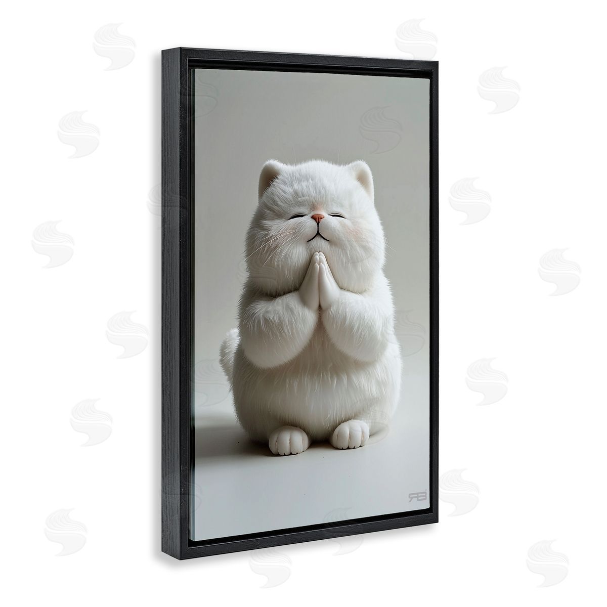 Fluffy Praying Cat Black Floating Frame Canvas Wall Art, Home Decor by Roozbeh Bahramali