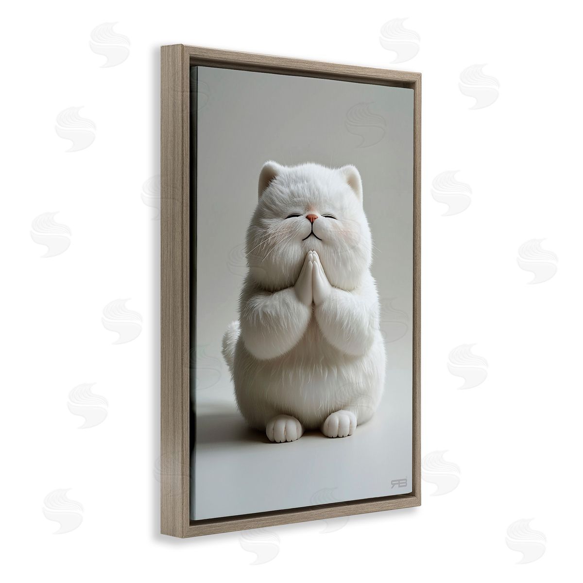 Fluffy Praying Cat Brown Floating Frame Canvas Wall Art, Home Decor by Roozbeh Bahramali