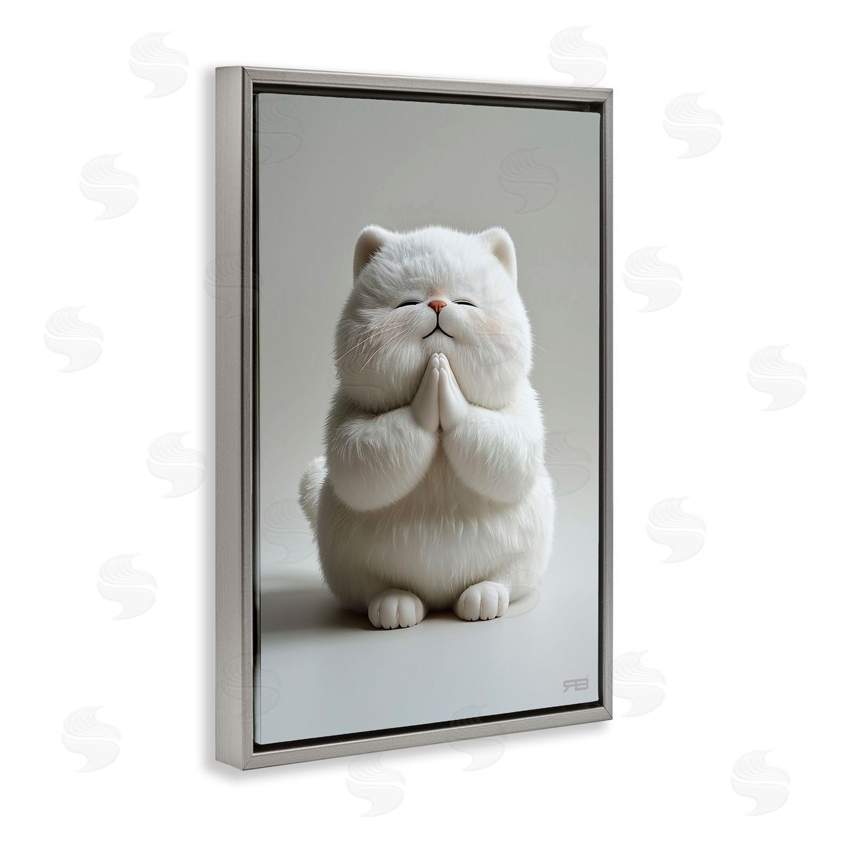 Fluffy Praying Cat Grey Floating Frame Canvas Wall Art, Home Decor by Roozbeh Bahramali
