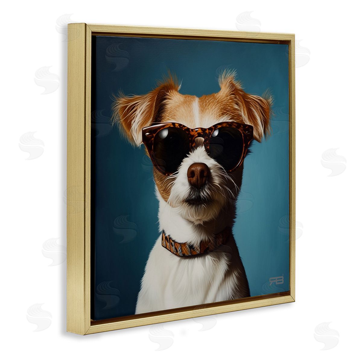 Cool Dog on Blue Gold Floating Frame Canvas Wall Art, Home Decor by Roozbeh Bahramali