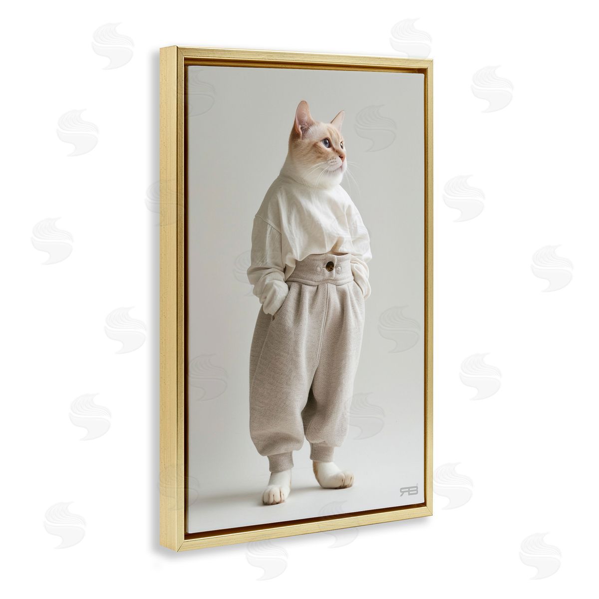 Trendy Fashion Cat Gold Floating Frame Canvas Wall Art, Home Decor by Roozbeh Bahramali