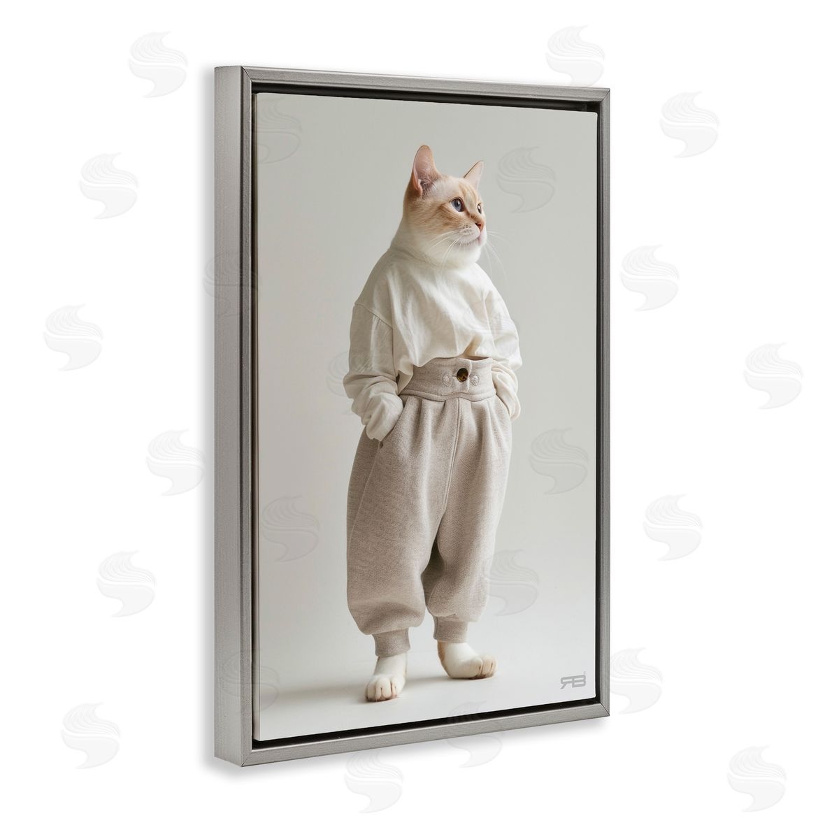 Trendy Fashion Cat Grey Floating Frame Canvas Wall Art, Home Decor by Roozbeh Bahramali