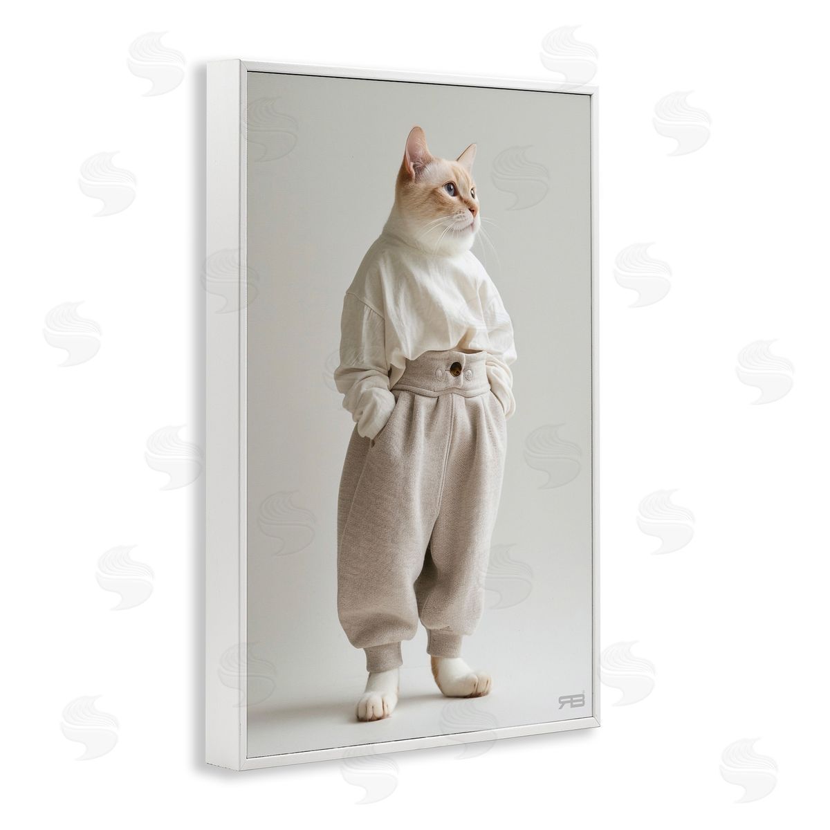 Trendy Fashion Cat White Frame Print Wall Art, Home Decor by Roozbeh Bahramali