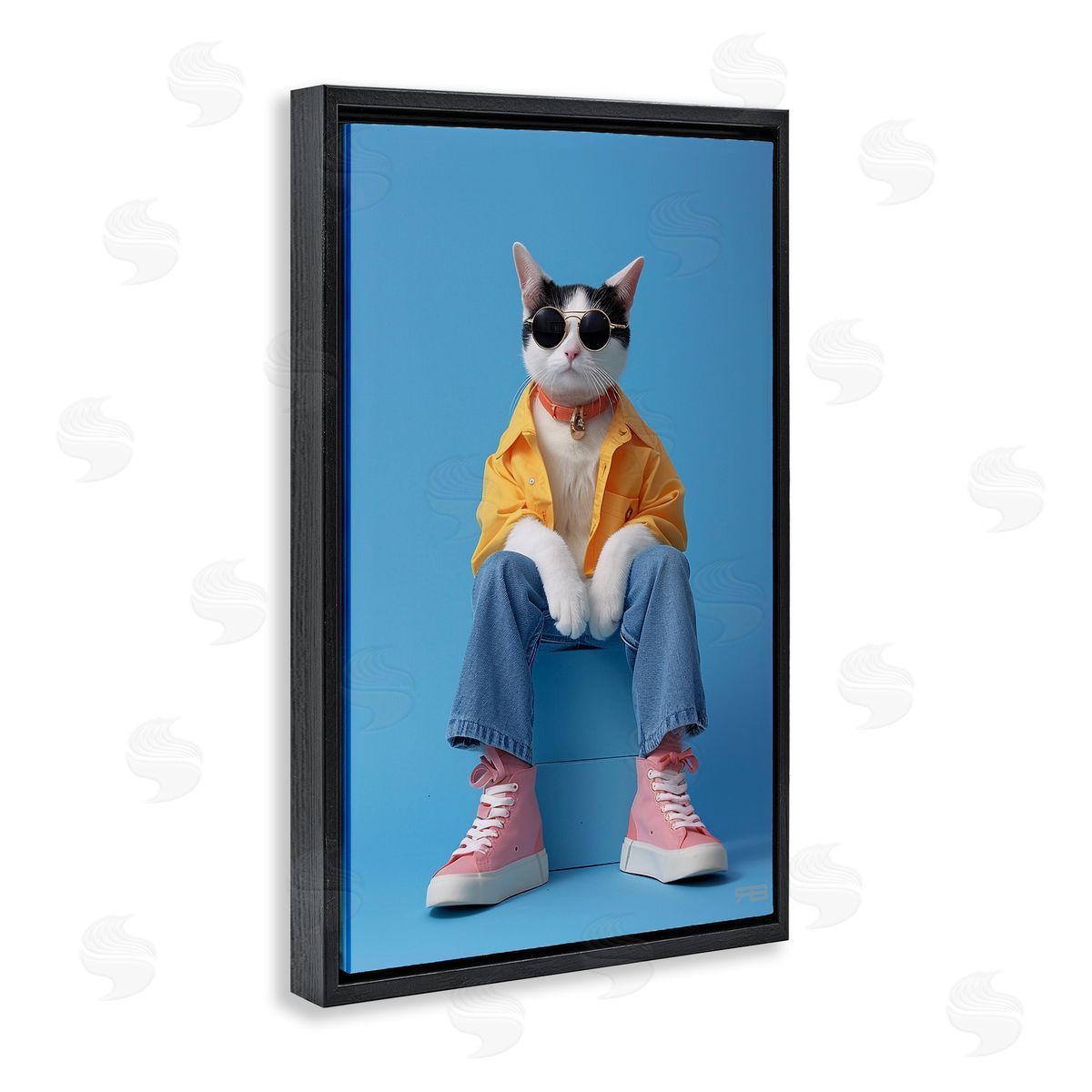 Urban Fashion Cat Black Floating Frame Canvas Wall Art, Home Decor by Roozbeh Bahramali