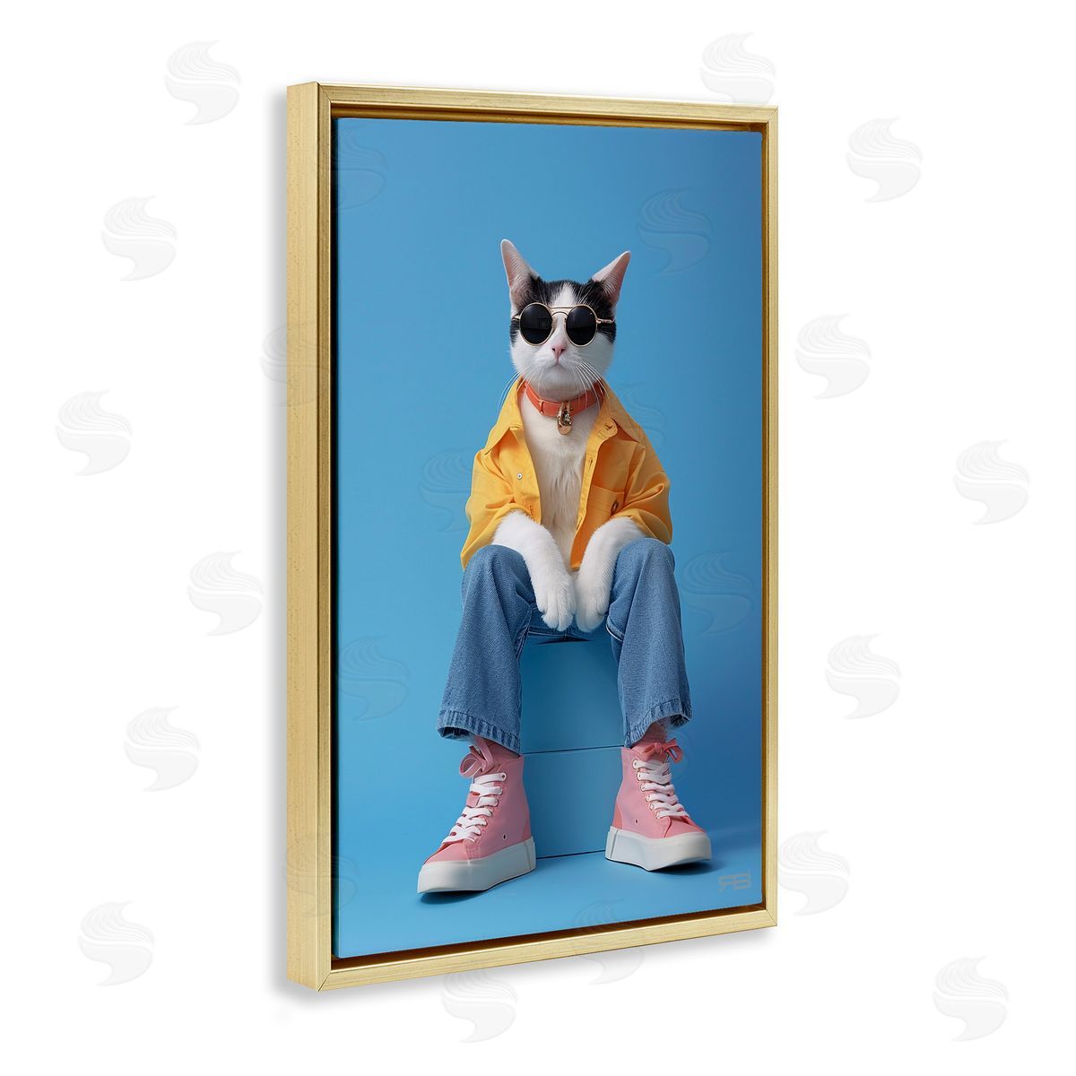 Urban Fashion Cat Gold Floating Frame Canvas Wall Art, Home Decor by Roozbeh Bahramali