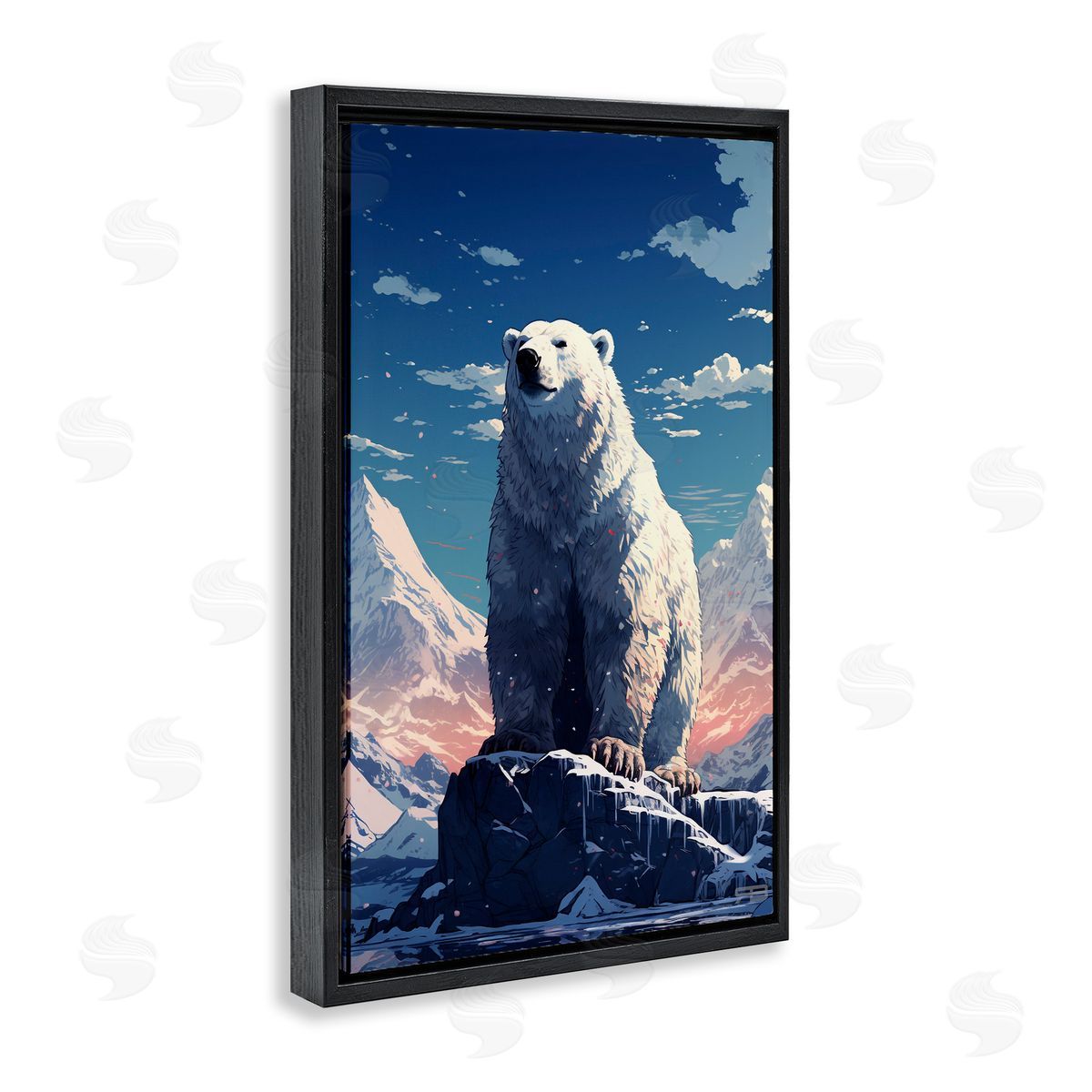 Snowy Polar Bear Black Floating Frame Canvas Wall Art, Home Decor by Roozbeh Bahramali