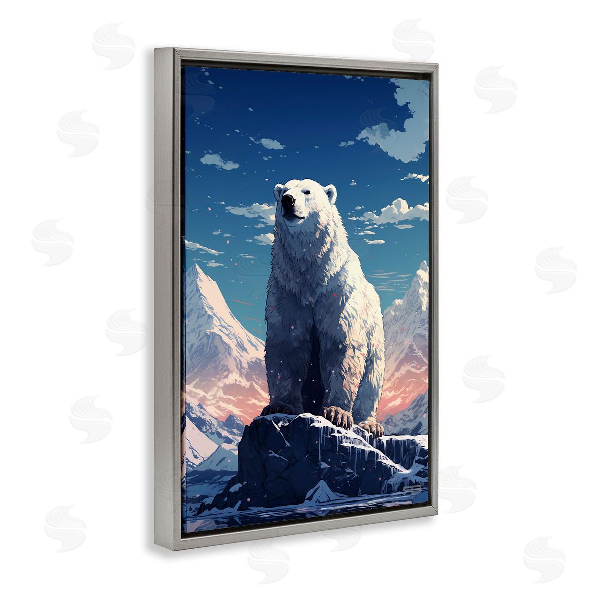 Snowy Polar Bear Grey Floating Frame Canvas Wall Art, Home Decor by Roozbeh Bahramali