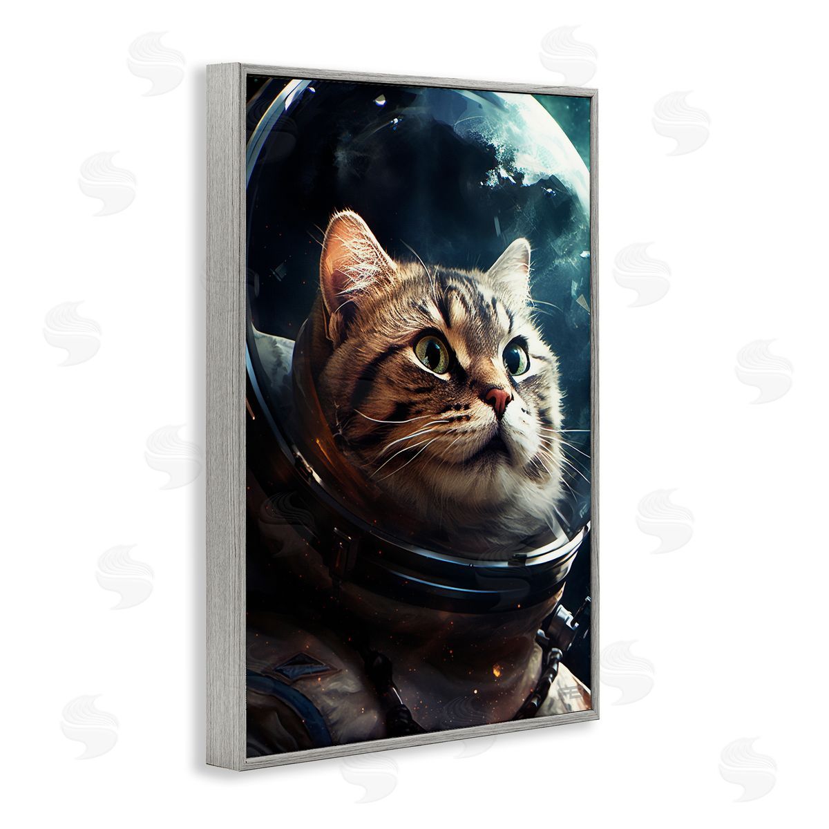 Amazed Astronaut Cat Grey Frame Print Wall Art, Home Decor by Roozbeh Bahramali