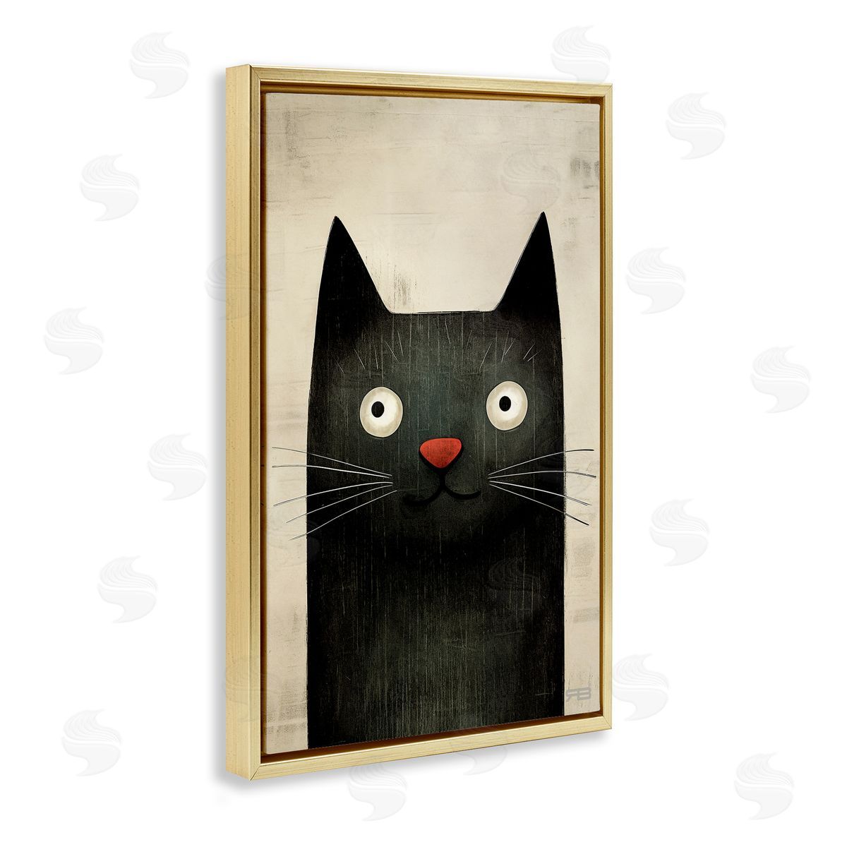 Smiling Black Cat Gold Floating Frame Canvas Wall Art, Home Decor by Roozbeh Bahramali