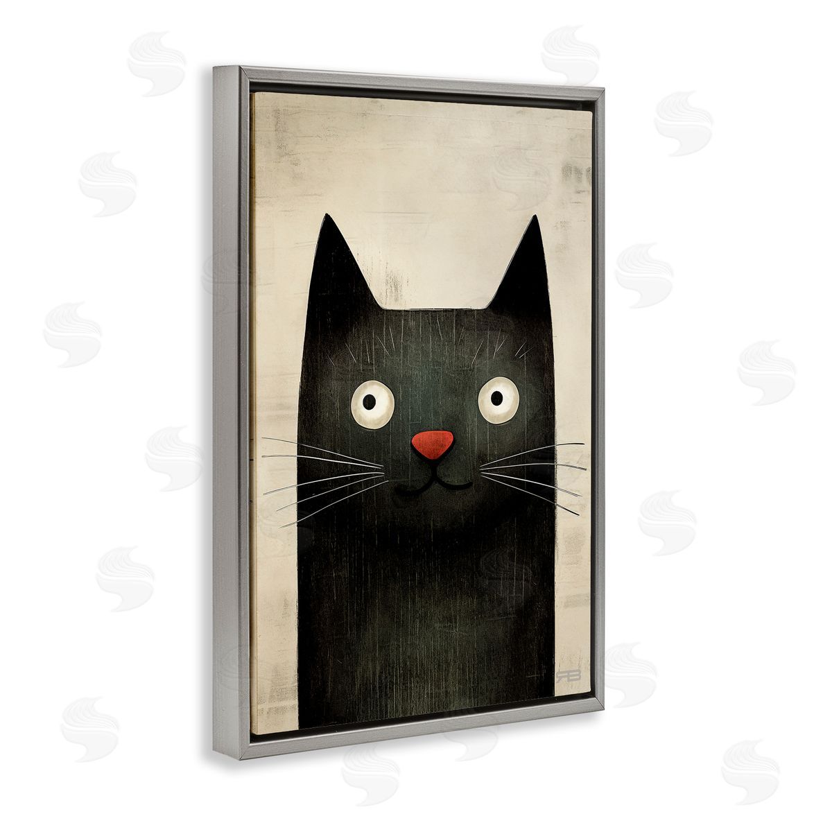 Smiling Black Cat Grey Floating Frame Canvas Wall Art, Home Decor by Roozbeh Bahramali