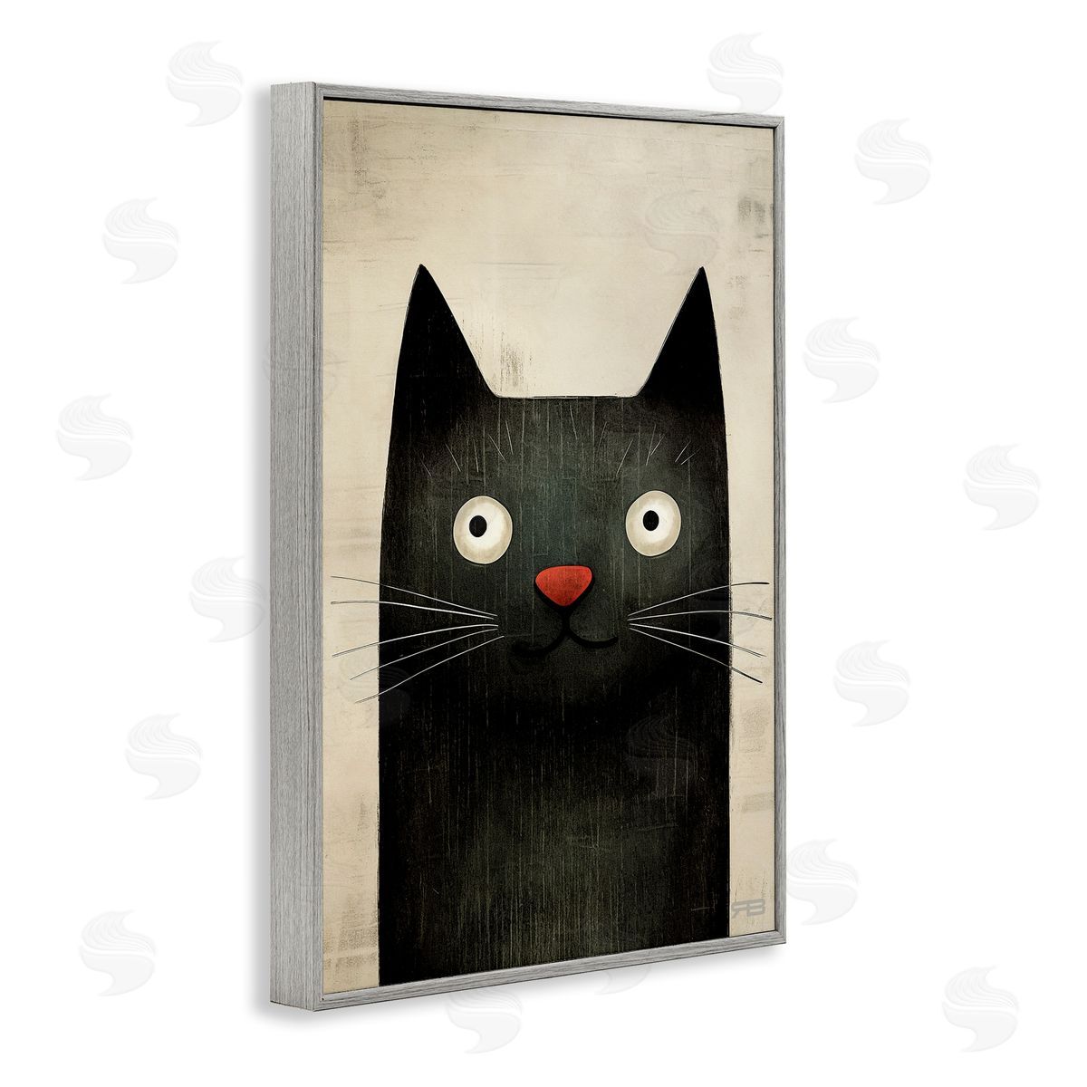 Smiling Black Cat Grey Frame Print Wall Art, Home Decor by Roozbeh Bahramali
