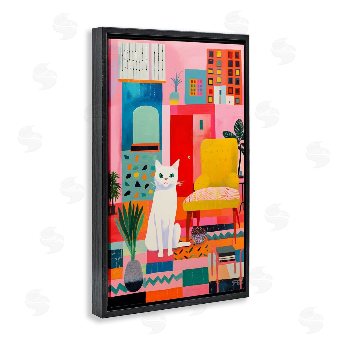 Cat in Eclectic Interior Black Floating Frame Canvas Wall Art, Home Decor by Roozbeh Bahramali
