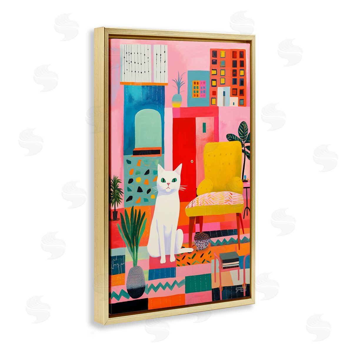 Cat in Eclectic Interior Gold Floating Frame Canvas Wall Art, Home Decor by Roozbeh Bahramali