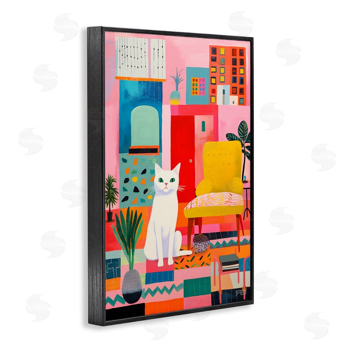 Cat in Eclectic Interior Black Frame Print Wall Art, Home Decor by Roozbeh Bahramali