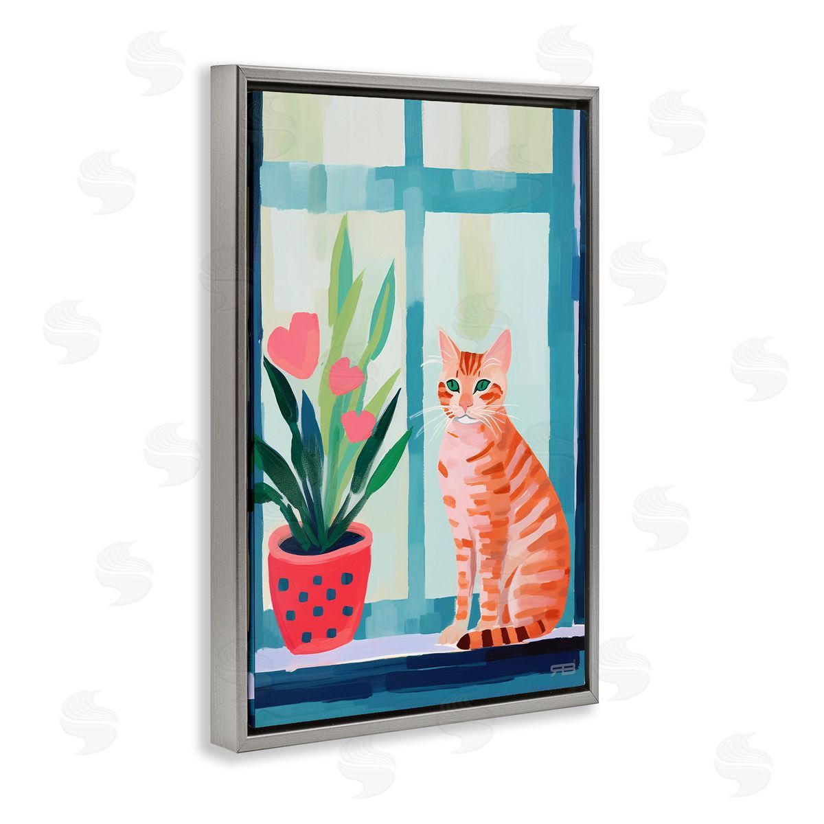 Cat and Tulips in Windowsill Grey Floating Frame Canvas Wall Art, Home Decor by Roozbeh Bahramali