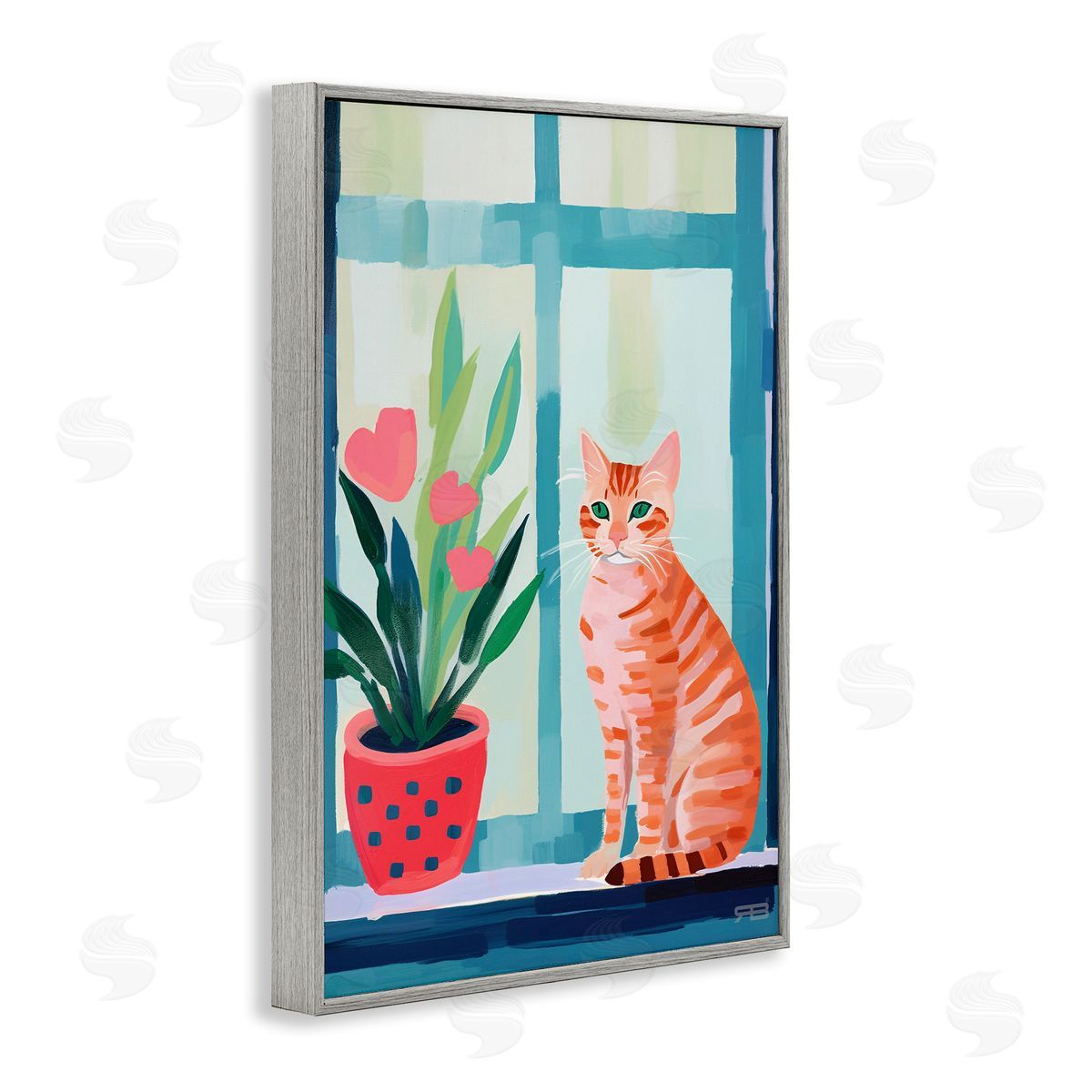 Cat and Tulips in Windowsill Grey Frame Print Wall Art, Home Decor by Roozbeh Bahramali
