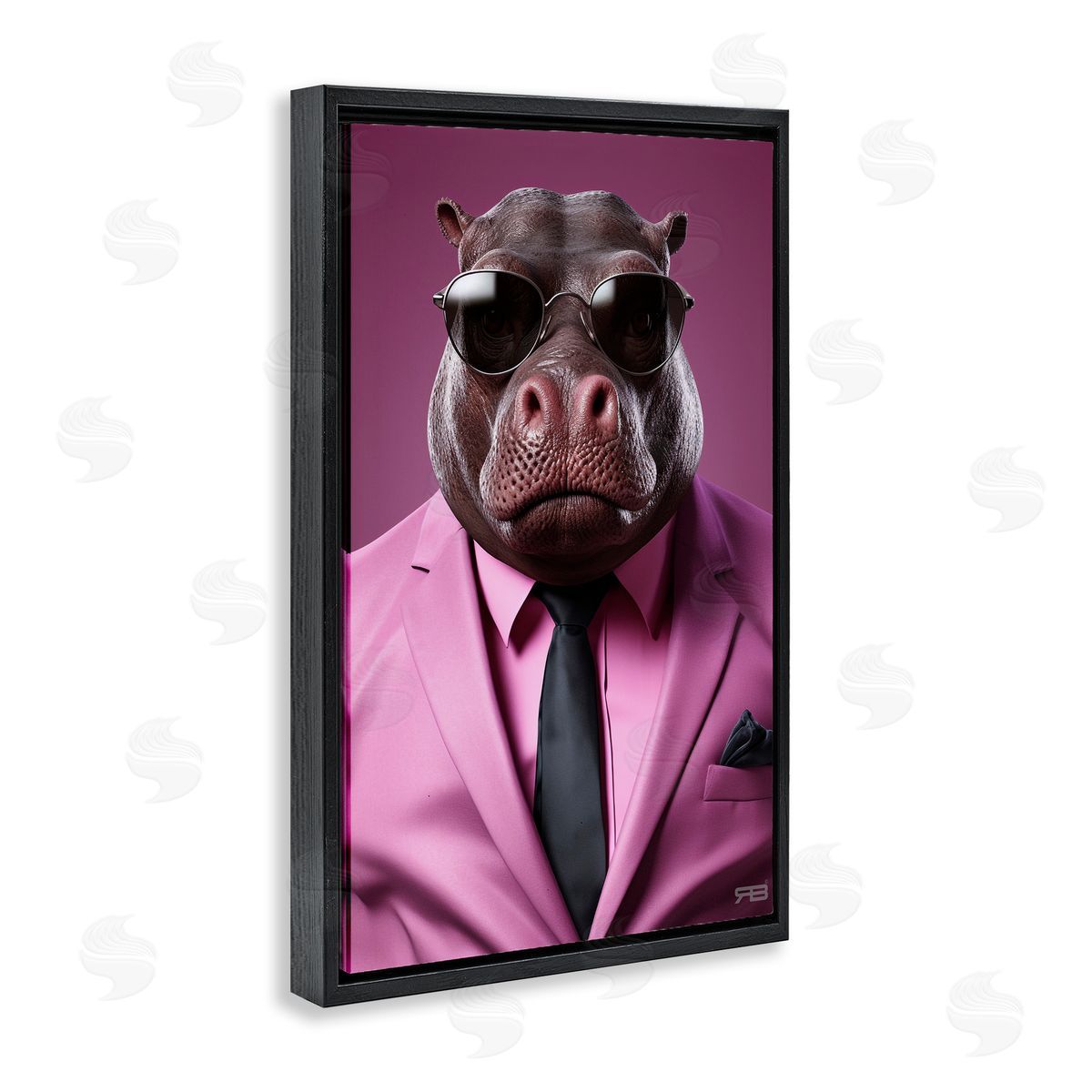 Strong Hippo Purple Suit Black Floating Frame Canvas Wall Art, Home Decor by Roozbeh Bahramali