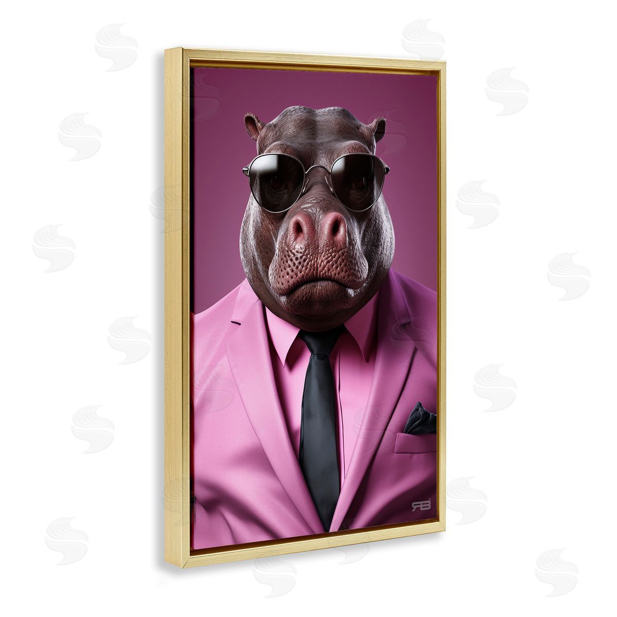 Strong Hippo Purple Suit Gold Floating Frame Canvas Wall Art, Home Decor by Roozbeh Bahramali