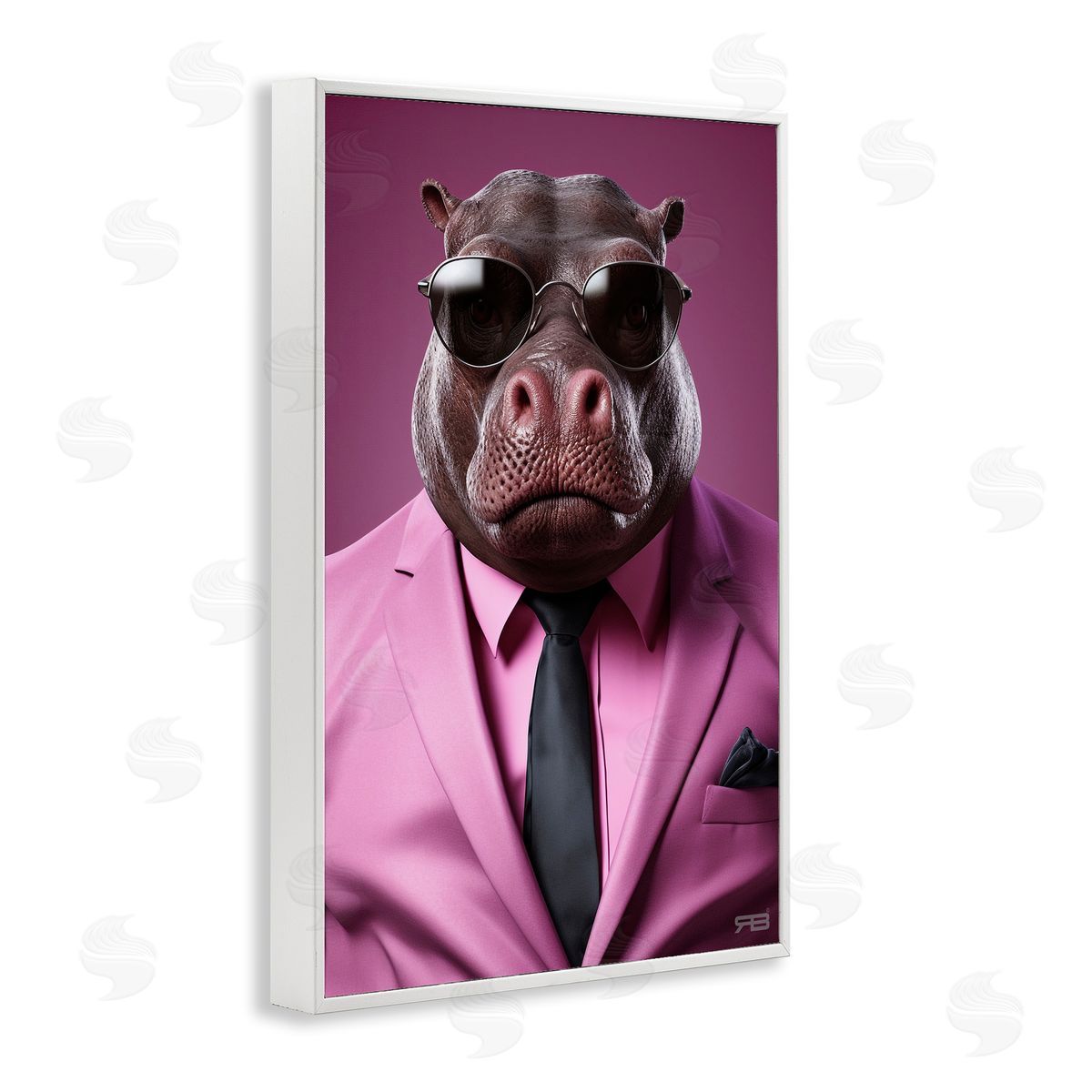Strong Hippo Purple Suit White Frame Print Wall Art, Home Decor by Roozbeh Bahramali