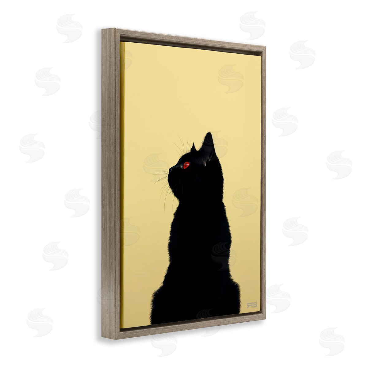 Black Cat on Yellow Brown Floating Frame Canvas Wall Art, Home Decor by Roozbeh Bahramali