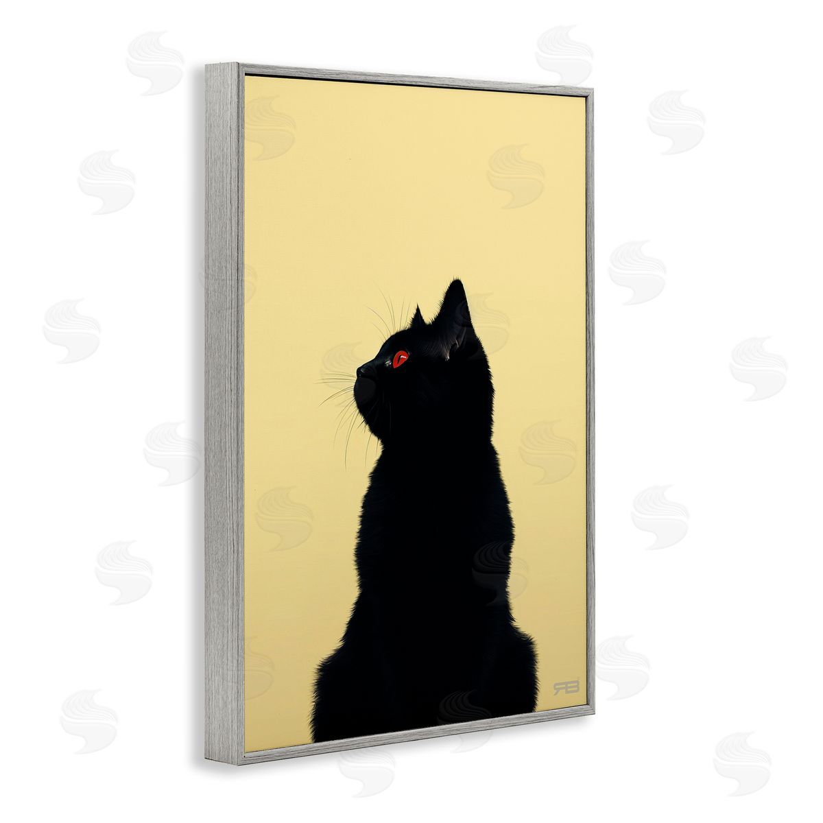 Black Cat on Yellow Grey Frame Print Wall Art, Home Decor by Roozbeh Bahramali