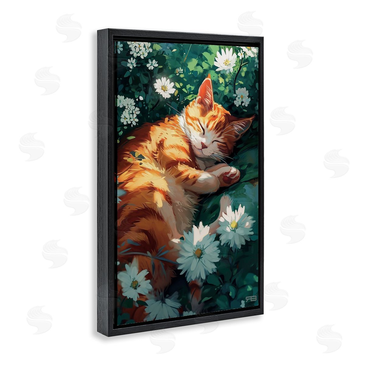 Cat Sleeping in Meadow Black Floating Frame Canvas Wall Art, Home Decor by Roozbeh Bahramali