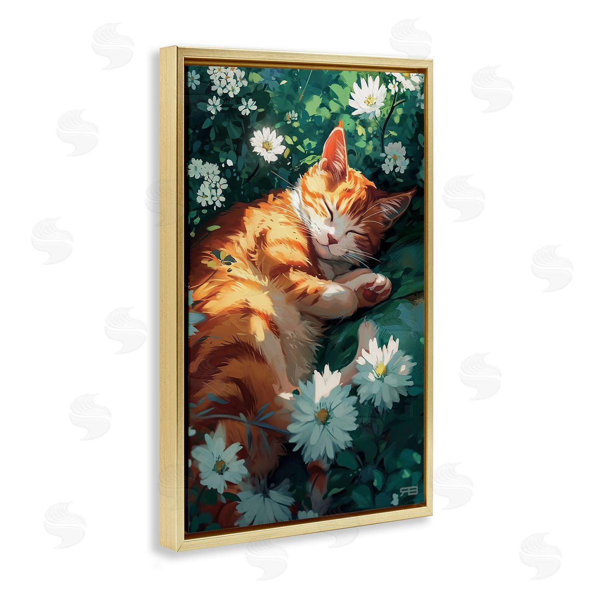 Cat Sleeping in Meadow Gold Floating Frame Canvas Wall Art, Home Decor by Roozbeh Bahramali