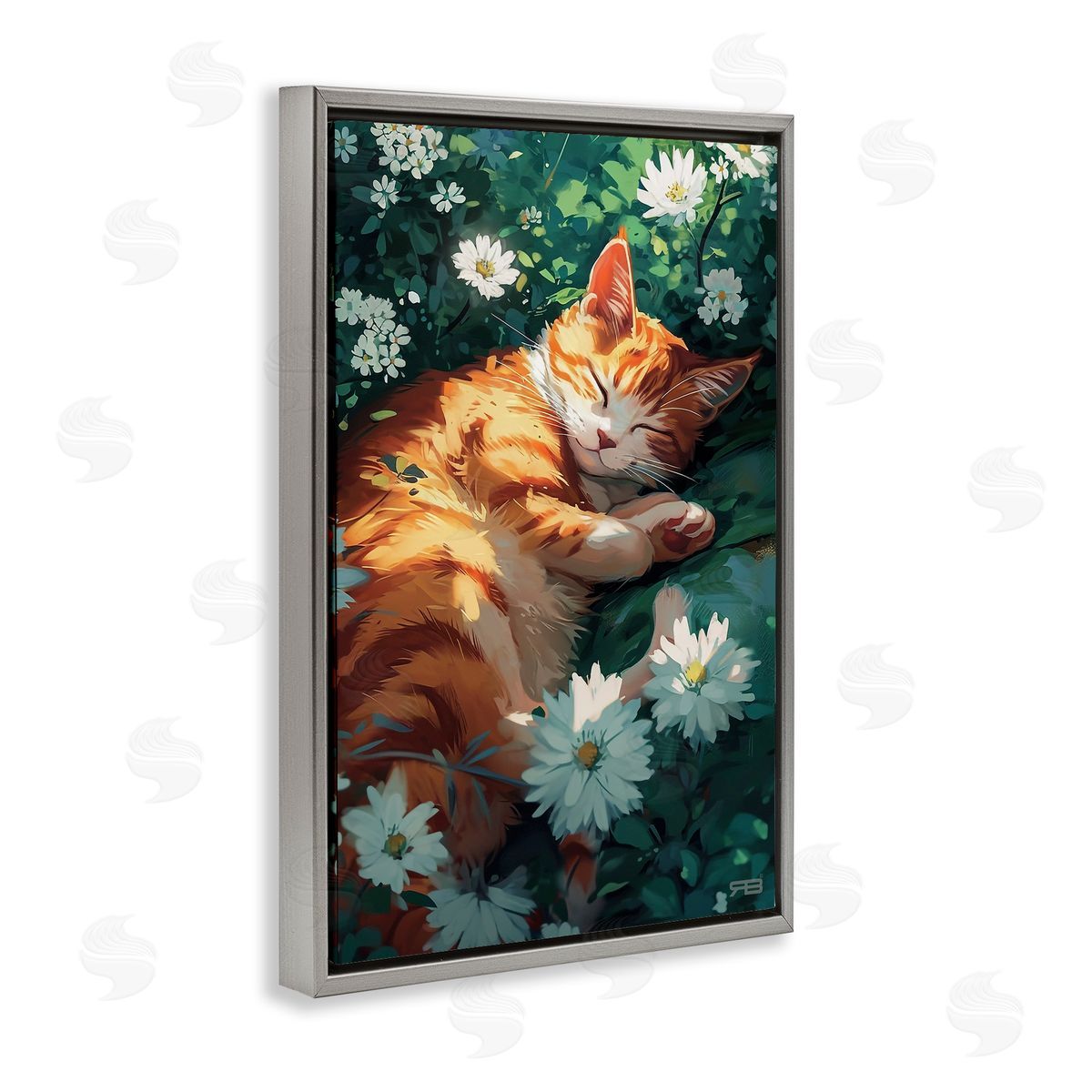 Cat Sleeping in Meadow Grey Floating Frame Canvas Wall Art, Home Decor by Roozbeh Bahramali