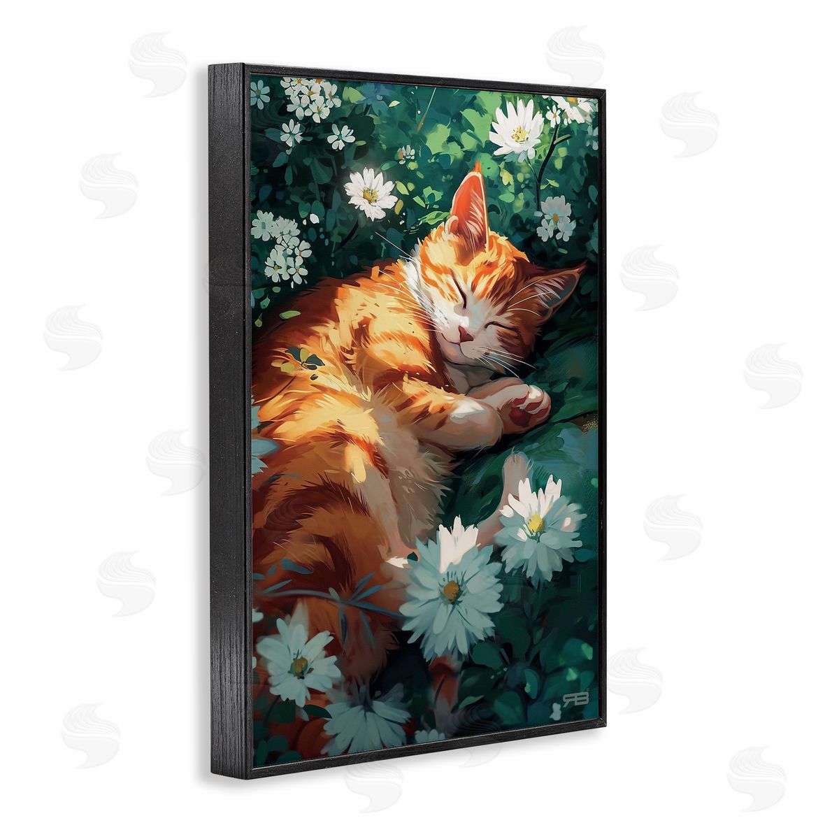 Cat Sleeping in Meadow Black Frame Print Wall Art, Home Decor by Roozbeh Bahramali