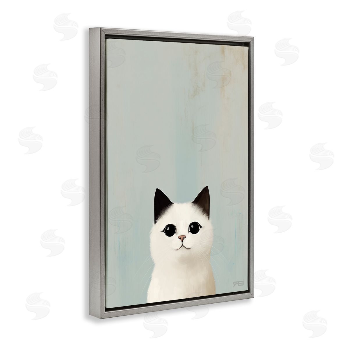Peeking White Kitten Grey Floating Frame Canvas Wall Art, Home Decor by Roozbeh Bahramali