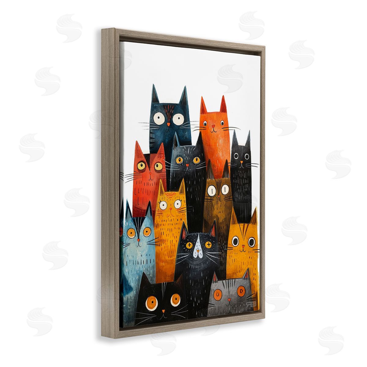Fun Peeking Cat Faces Brown Floating Frame Canvas Wall Art, Home Decor by Roozbeh Bahramali