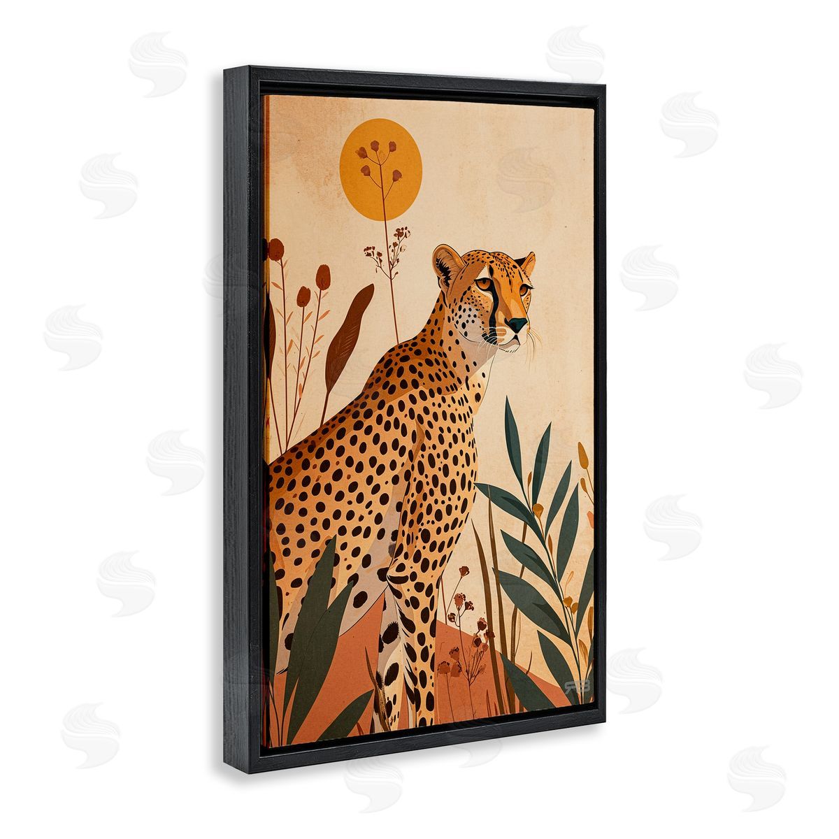 Cheetah and Boho Plants Black Floating Frame Canvas Wall Art, Home Decor by Roozbeh Bahramali