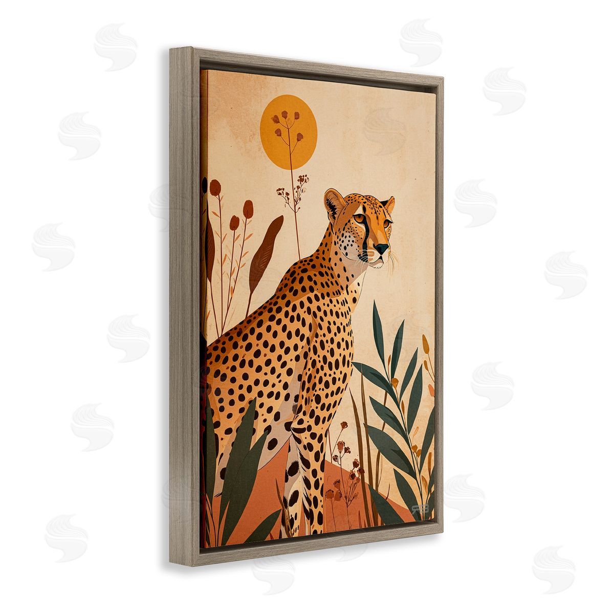 Cheetah and Boho Plants Brown Floating Frame Canvas Wall Art, Home Decor by Roozbeh Bahramali