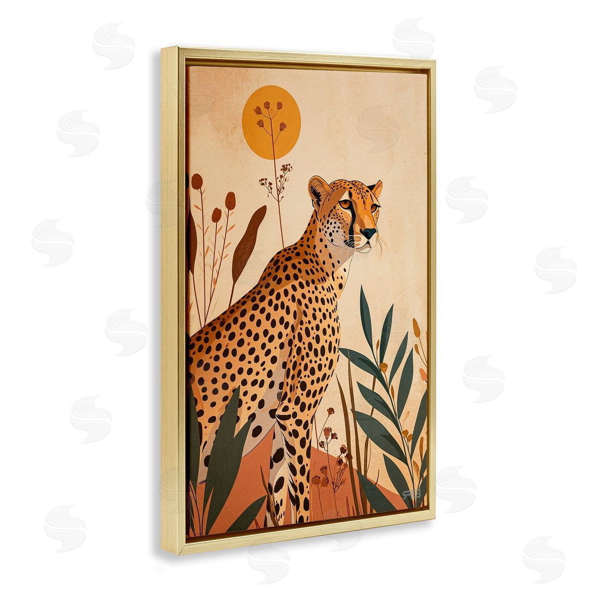 Cheetah and Boho Plants Gold Floating Frame Canvas Wall Art, Home Decor by Roozbeh Bahramali