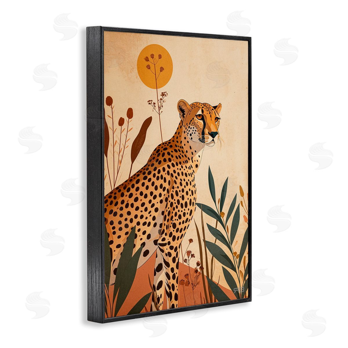 Cheetah and Boho Plants Black Frame Print Wall Art, Home Decor by Roozbeh Bahramali
