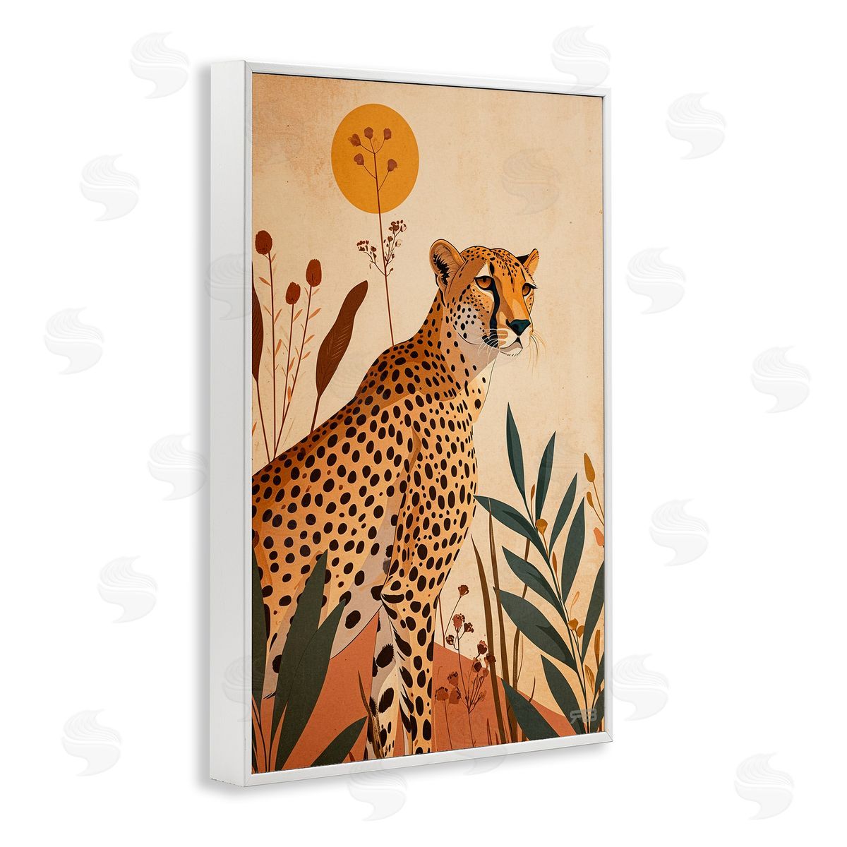 Cheetah and Boho Plants White Frame Print Wall Art, Home Decor by Roozbeh Bahramali