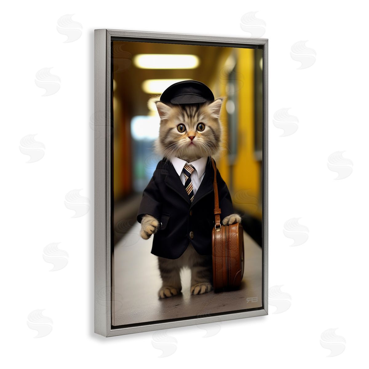 Traveler Kitten and Briefcase Grey Floating Frame Canvas Wall Art, Home Decor by Roozbeh Bahramali