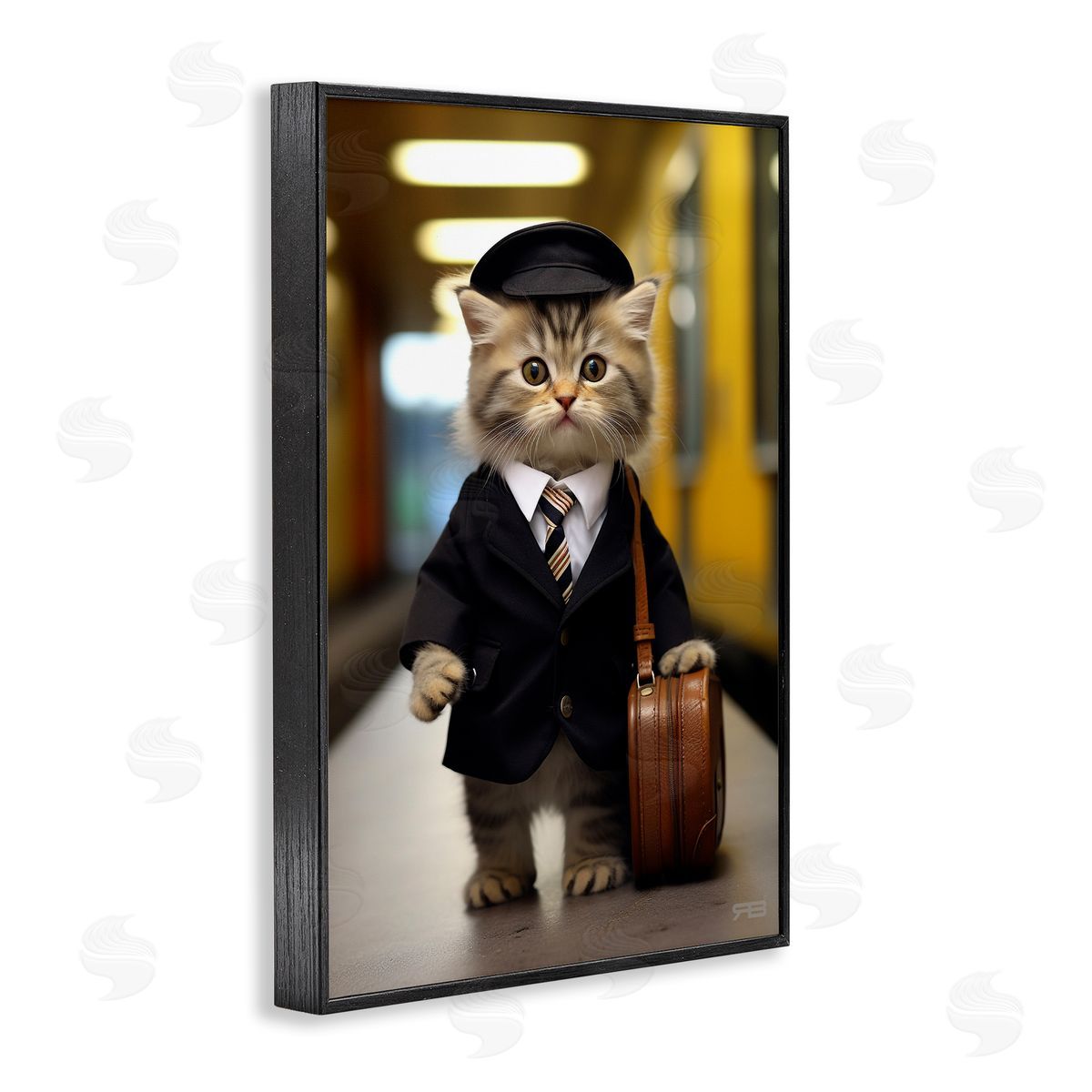 Traveler Kitten and Briefcase Black Frame Print Wall Art, Home Decor by Roozbeh Bahramali