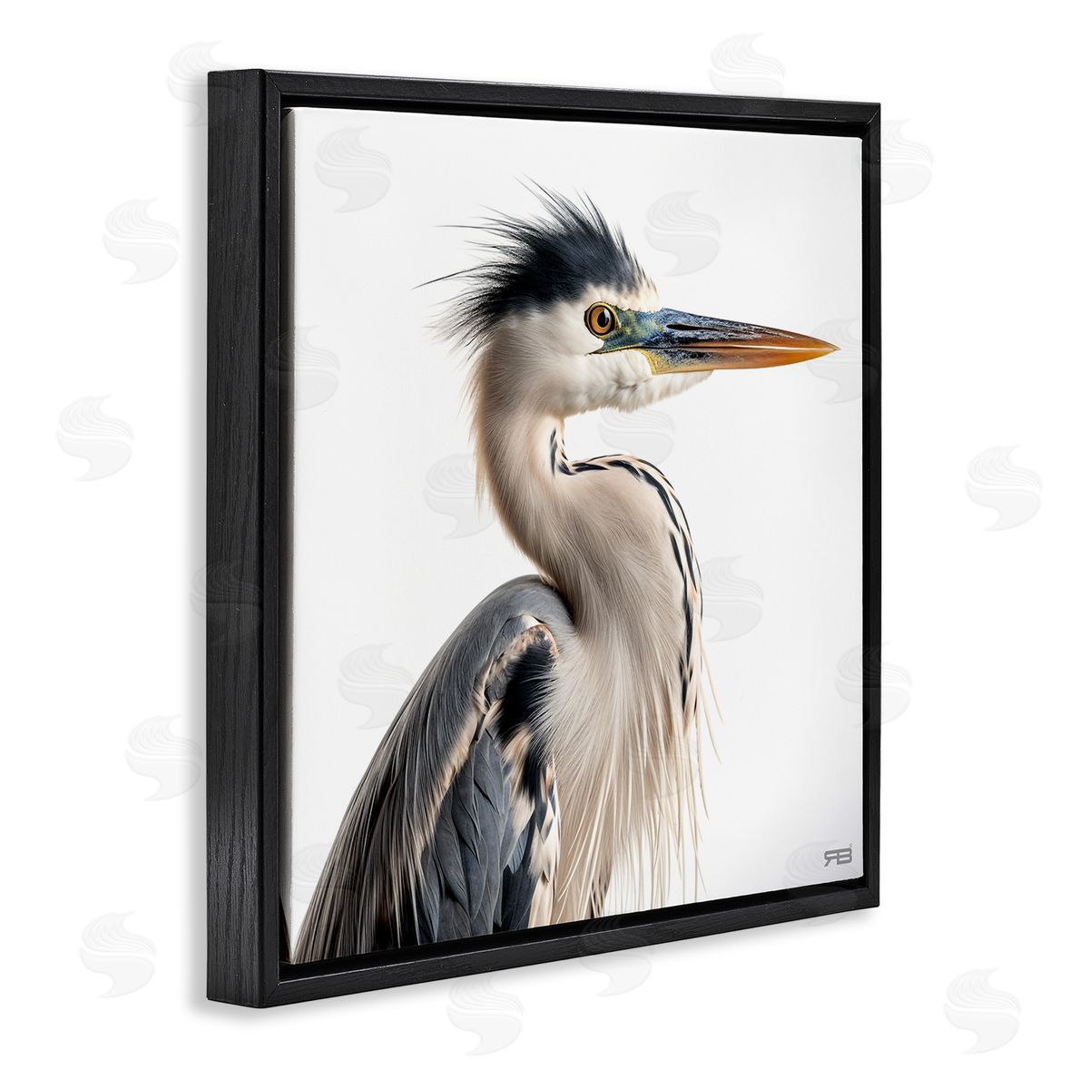 Stoic Heron Looking Right Black Floating Frame Canvas Wall Art, Home Decor by Roozbeh Bahramali