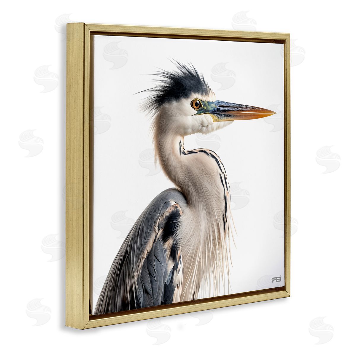 Stoic Heron Looking Right Gold Floating Frame Canvas Wall Art, Home Decor by Roozbeh Bahramali