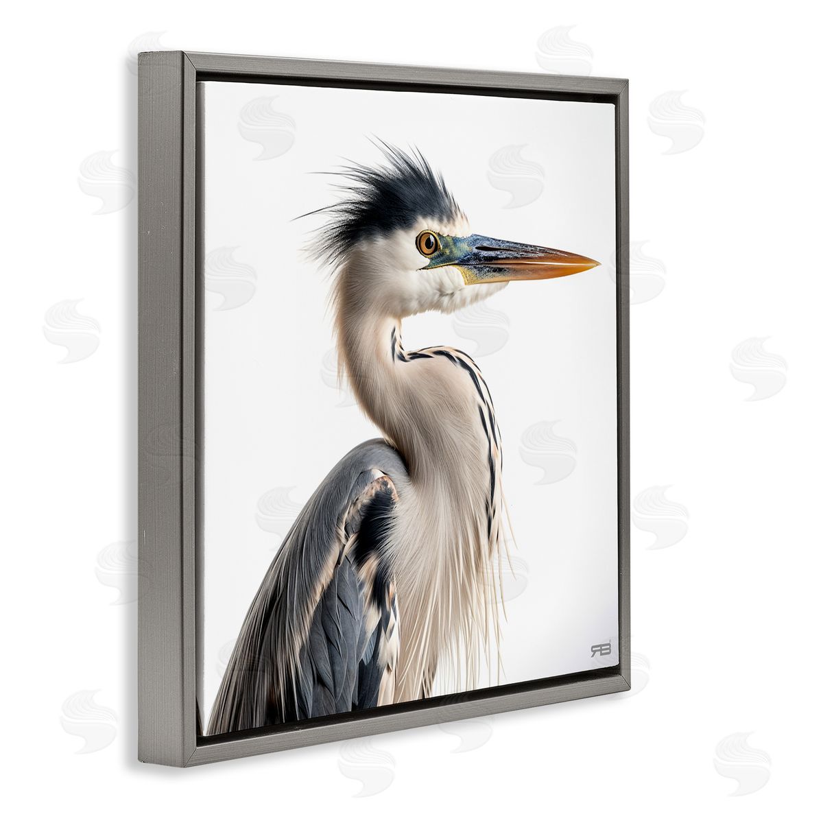 Stoic Heron Looking Right Grey Floating Frame Canvas Wall Art, Home Decor by Roozbeh Bahramali