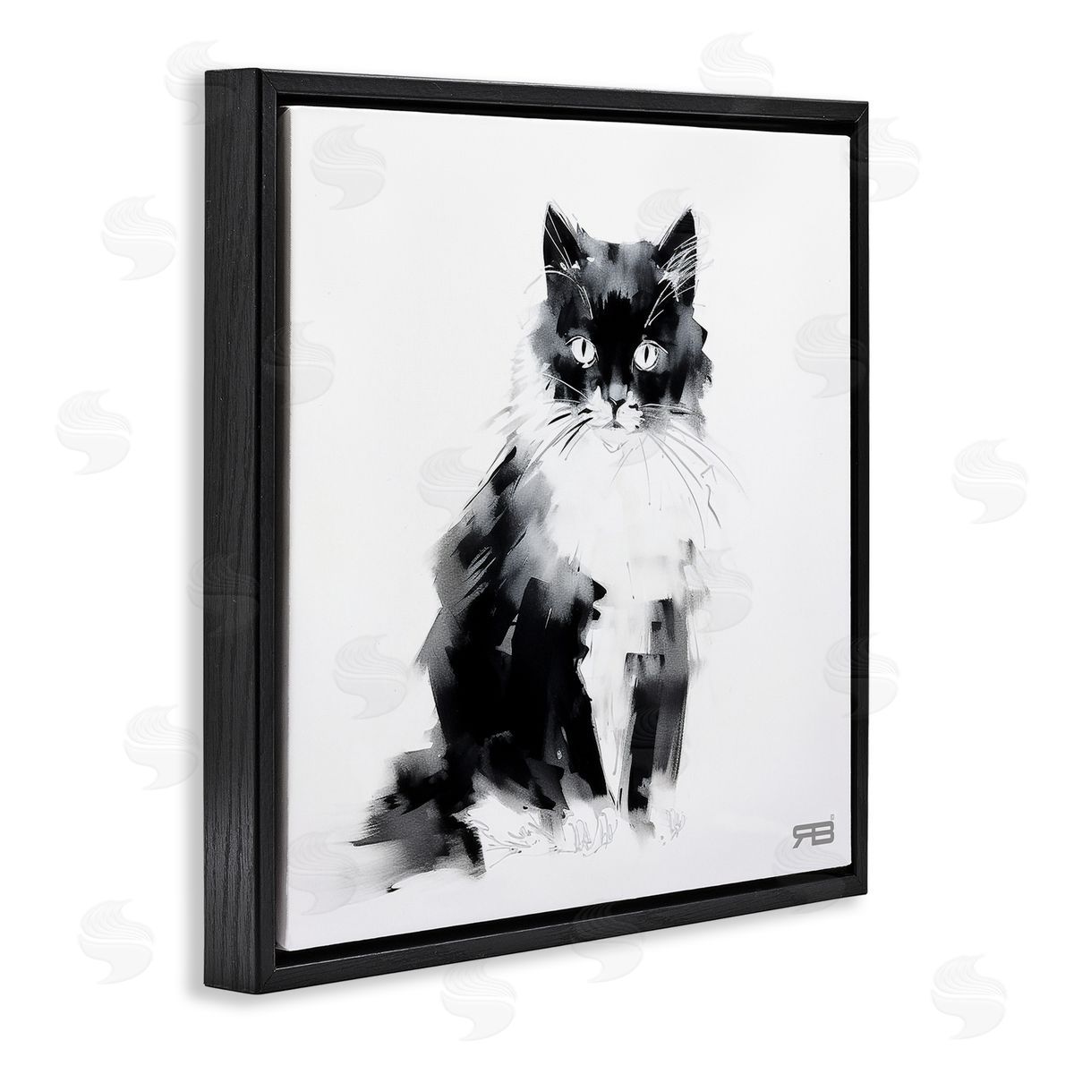 Abstract Black and White Cat Black Floating Frame Canvas Wall Art, Home Decor by Roozbeh Bahramali