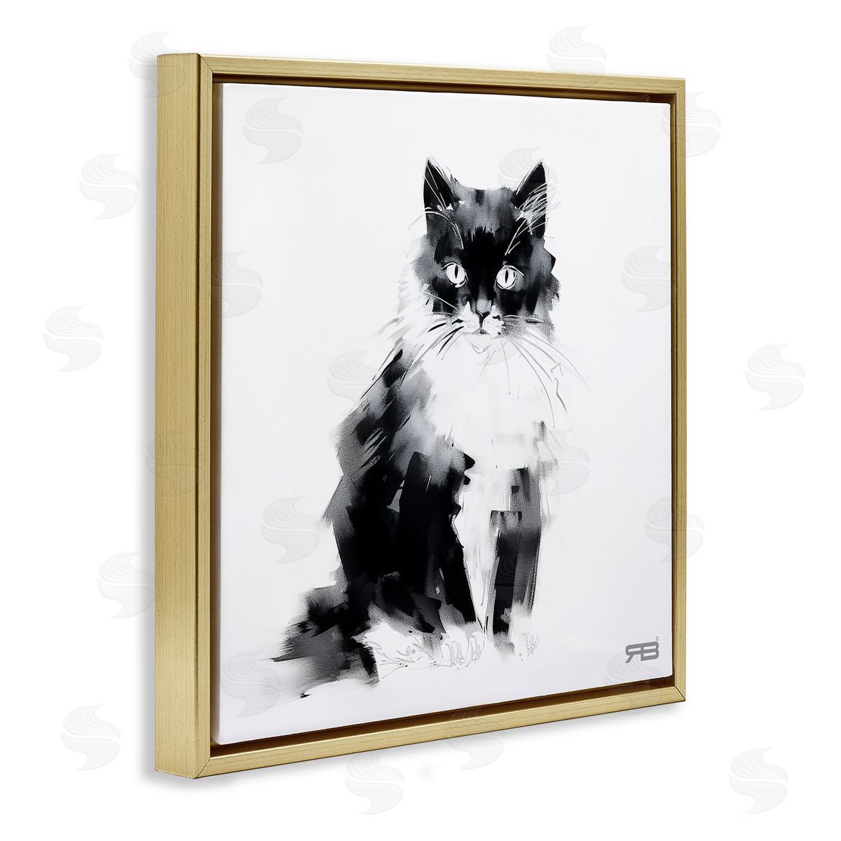 Abstract Black and White Cat Gold Floating Frame Canvas Wall Art, Home Decor by Roozbeh Bahramali