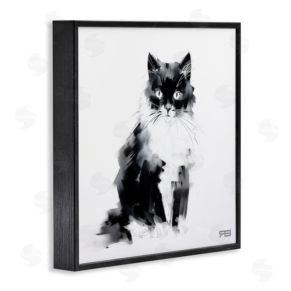 Abstract Black and White Cat Black Frame Print Wall Art, Home Decor by Roozbeh Bahramali